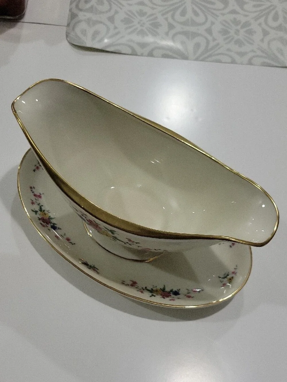 Vintage German Porcelain Gravy Boat by Schumann Bavaria with Floral Gold Rim